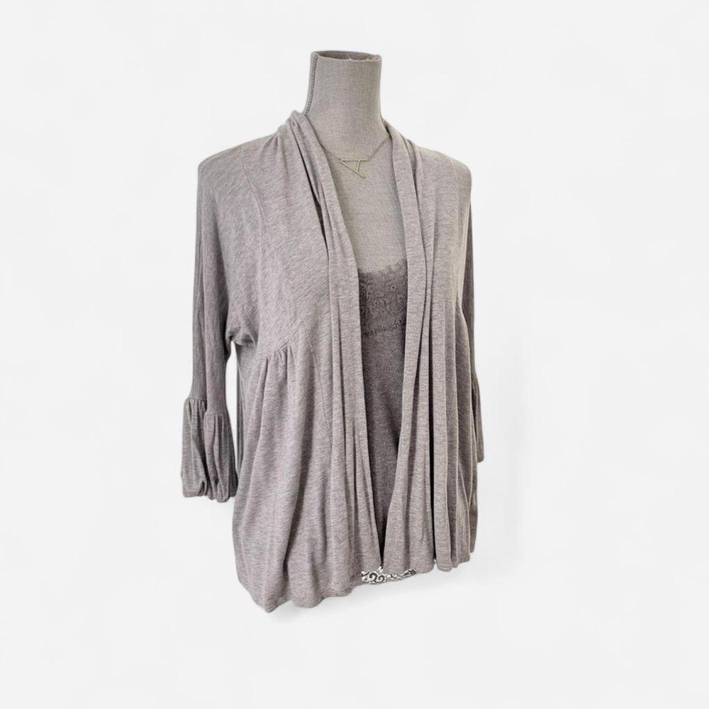 Elan Gray Cardigan Open draped flowy puffed balloon 3/4 sleeve
